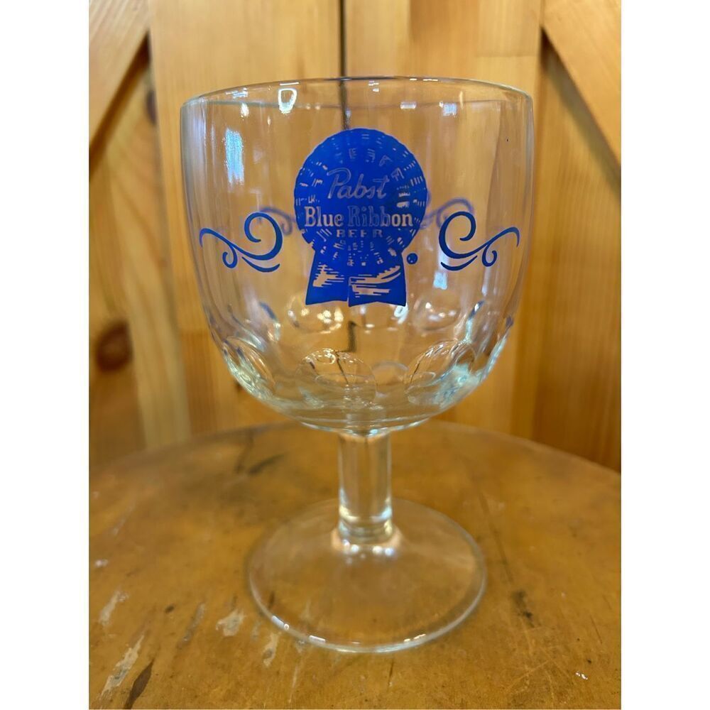 Vintage Pabst Blue Ribbon Glass Beer Thumbprint Schooner Goblet Mug Stein (8138)
